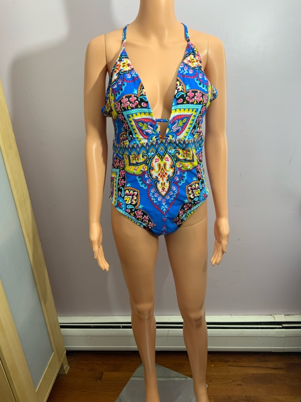 Jantzen Blue Paisley Plunge One-Piece Swimsuit